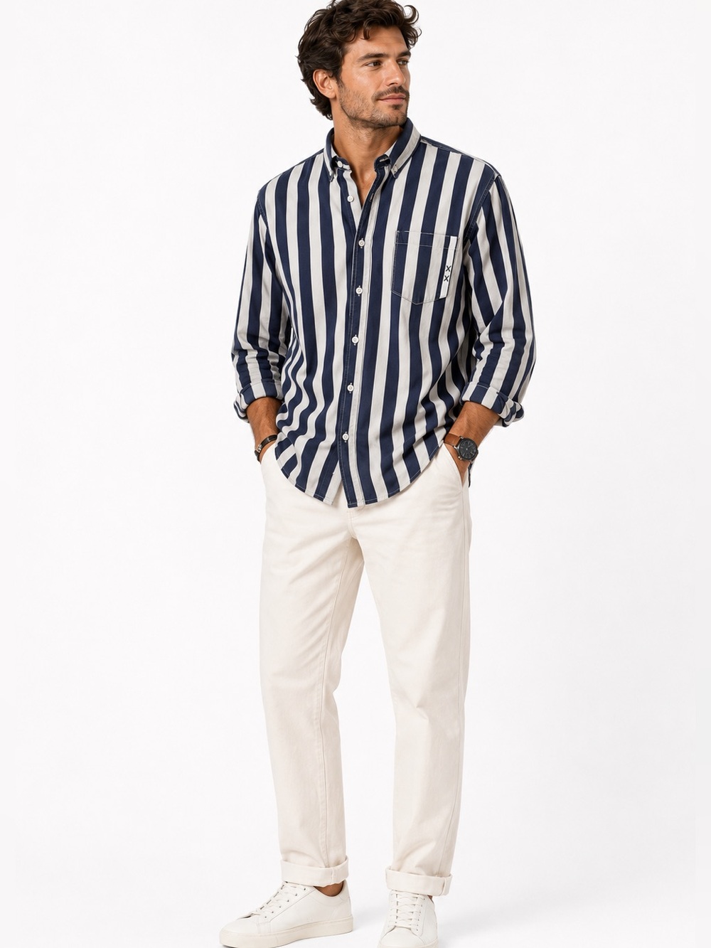 Scotch & Soda Striped Button Down Shirt Men XL Slim Fit Navy White